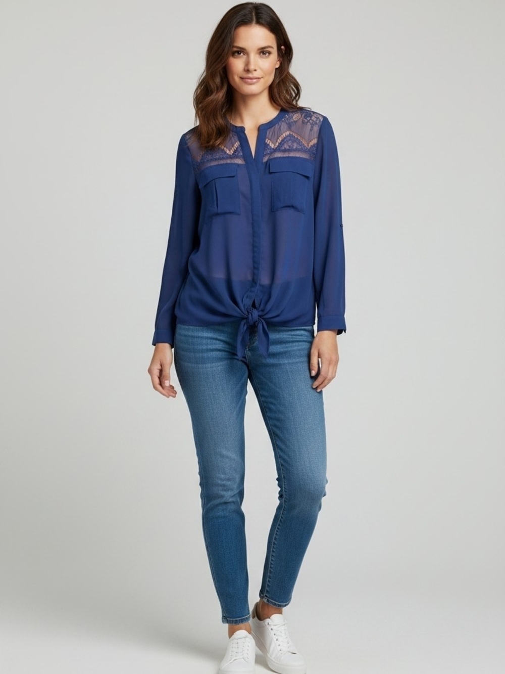 Blue Lace Sheer Tie Front Blouse Women’s Medium Long Sleeve Chiffon Boho Top